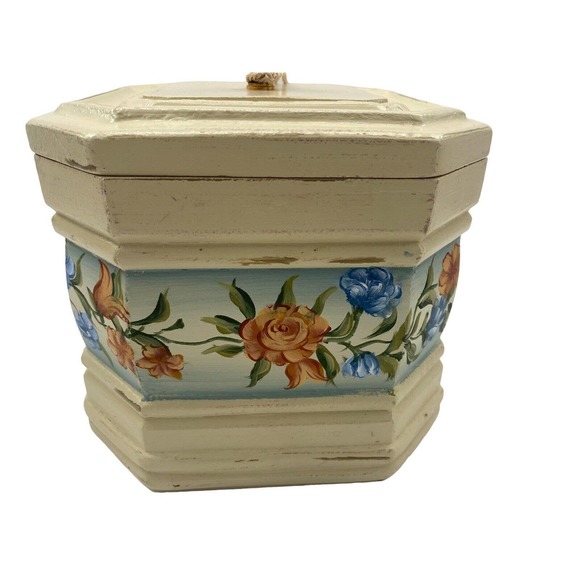 Vintage Hexagon Nesting Wood Jewelry Urn Boxes Floral Shabby Chic Crystal Handle - Picture 3 of 12